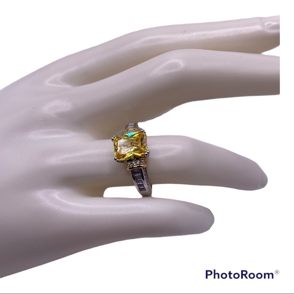 Sterling Silver Two Tone Gold Plated Emerald Cut Yellow CZ Ring - Size 6 NWT